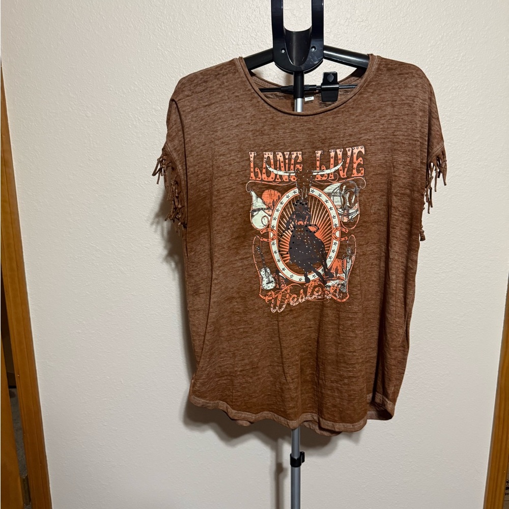 Cato Brown Graphic Fringe Tee
